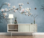 Magnolia Branch Wallpaper : Blue Sky Chinoiserie Bird Mural - View 2