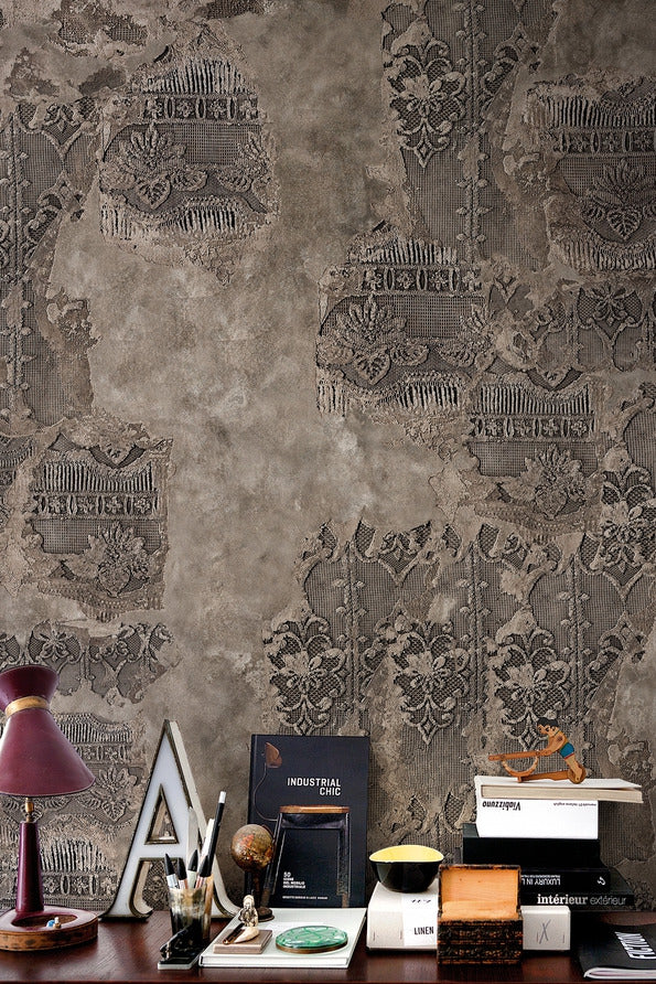 Distressed Lace Concrete Wallpaper : Taupe Plaster Damask Mural