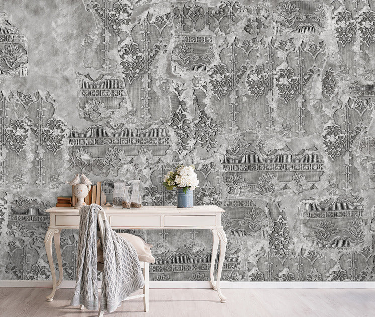 Distressed Lace Concrete Wallpaper : Taupe Plaster Damask Mural - View 4