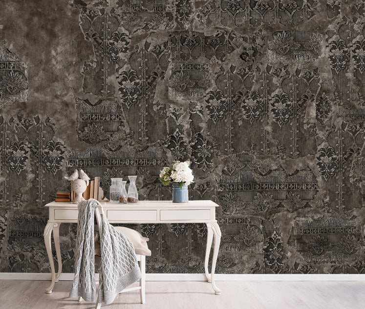 Distressed Lace Concrete Wallpaper : Taupe Plaster Damask Mural - View 6