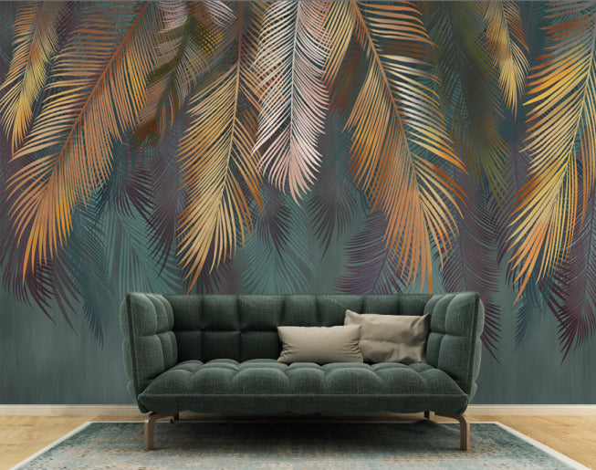 Hanging Palm Fronds Wallpaper : Dark Teal Gold Leaf Mural - View 2