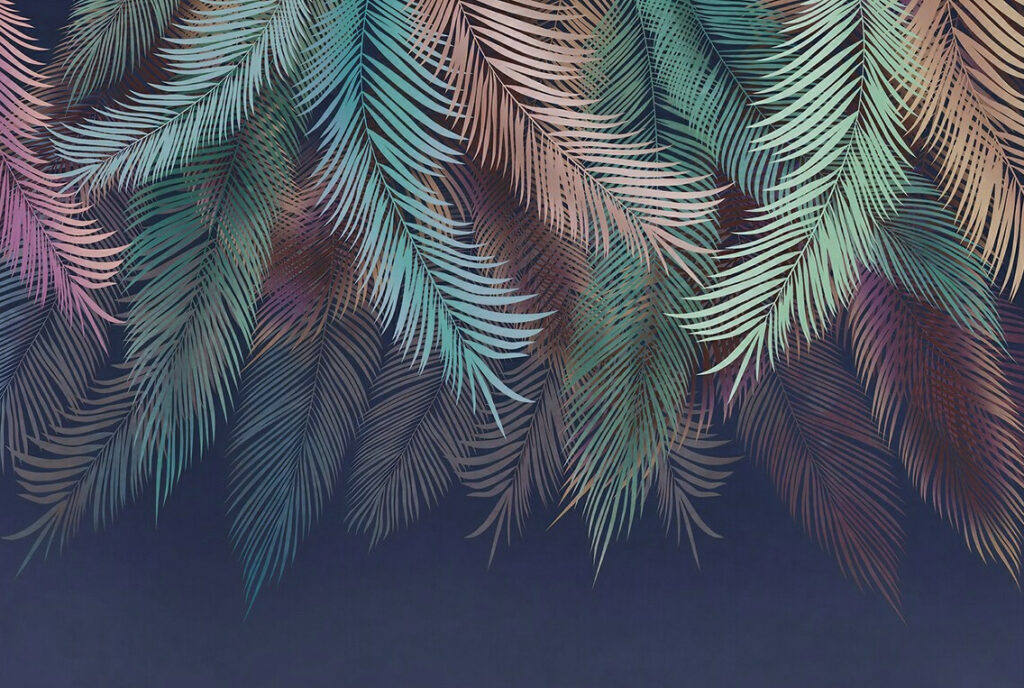 Iridescent Hanging Palm Wallpaper : Teal and Mauve Fronds on Navy Mural - View 2
