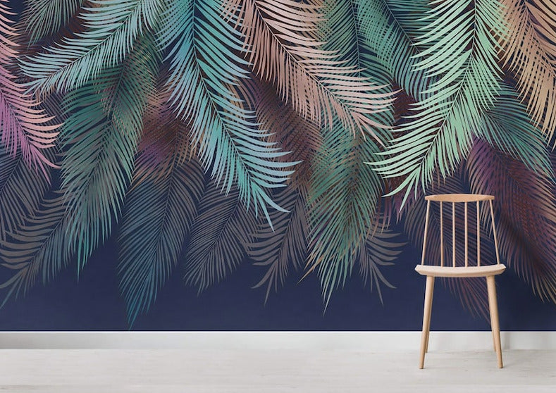 Iridescent Hanging Palm Wallpaper : Teal and Mauve Fronds on Navy Mural - View 3