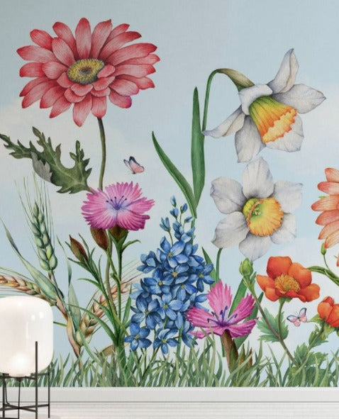 Wildflower Meadow Wallpaper : Daisies and Daffodils Botanical Mural - View 4