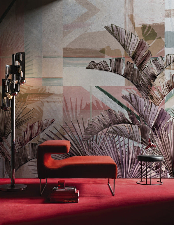 Burgundy Palm Wallpaper : Pink Geometric Tropical Mural