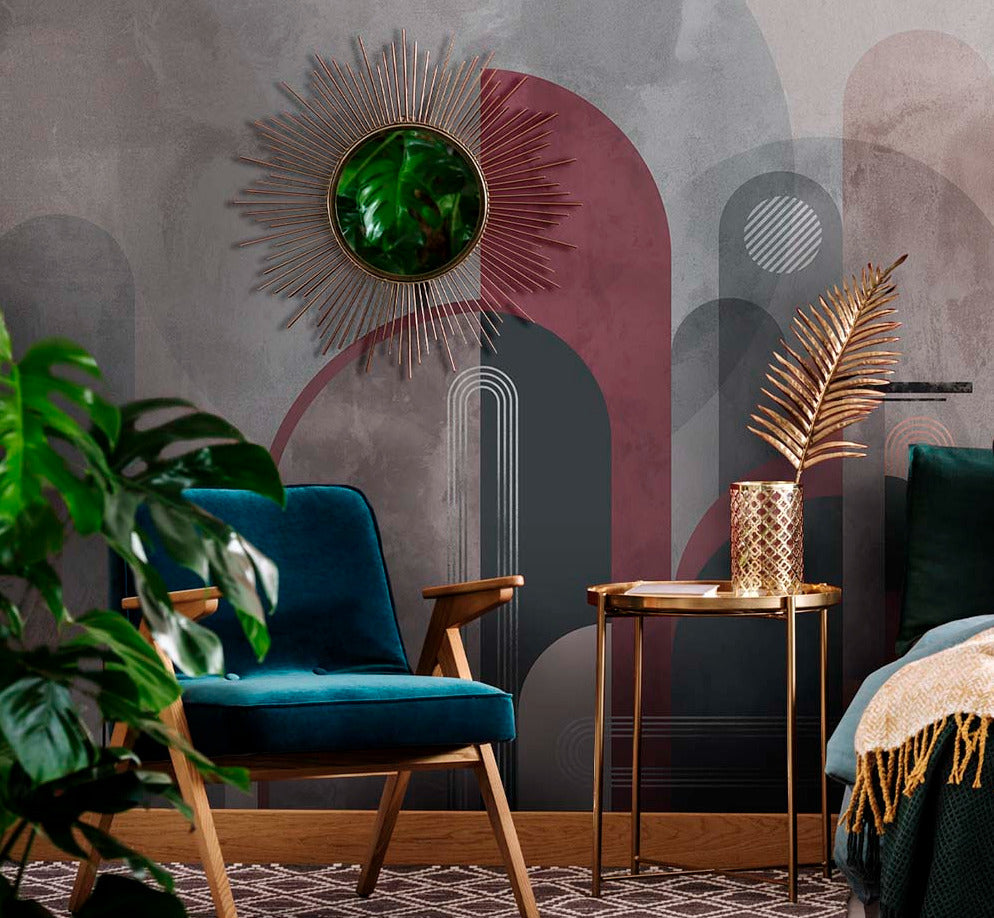 Art Deco Arch Wallpaper : Burgundy Grey Geometric Mural
