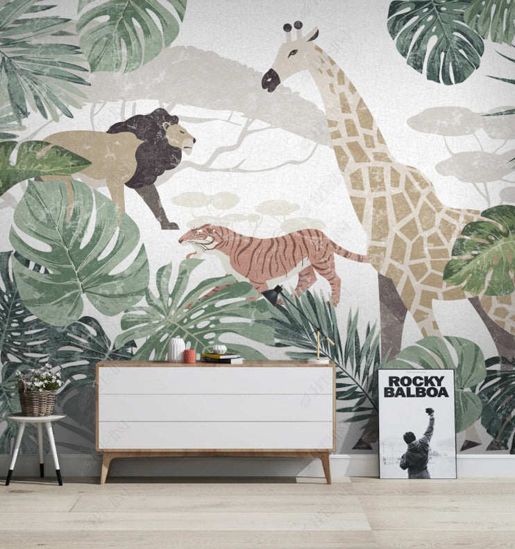 Soft Safari Kids Wallpaper : Pastel Tiger Giraffe Lion Jungle Mural - View 3