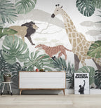 Soft Safari Kids Wallpaper : Pastel Tiger Giraffe Lion Jungle Mural - View 3