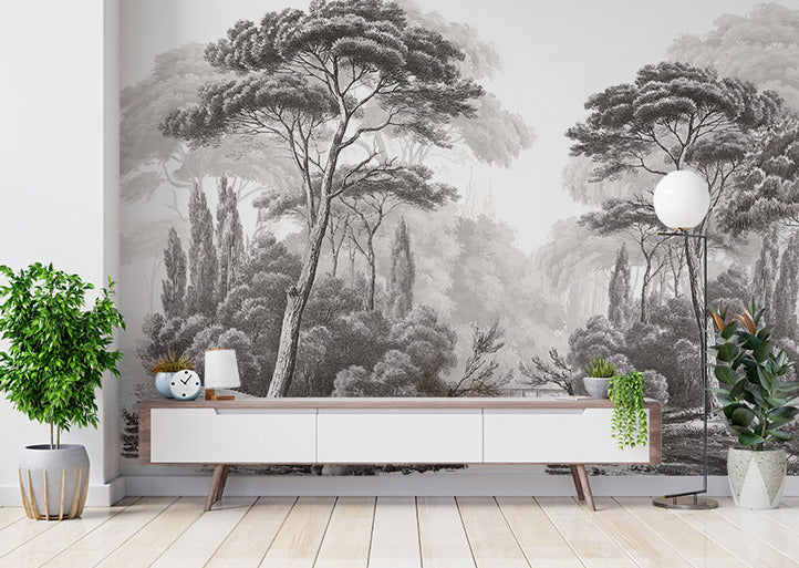 Etched Forest Wallpaper : Black And White Engraved Trees Mural - View 3