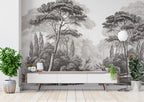 Etched Forest Wallpaper : Black And White Engraved Trees Mural - View 3