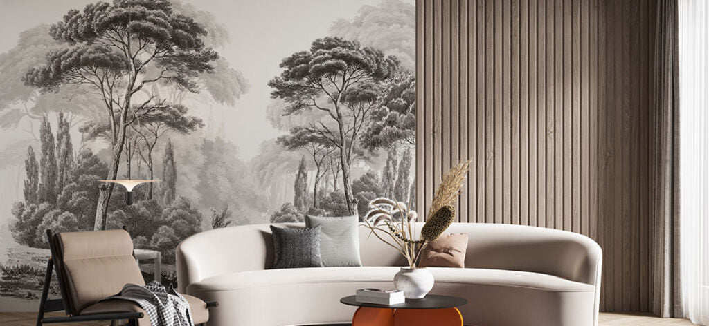 Etched Forest Wallpaper : Black And White Engraved Trees Mural - View 2