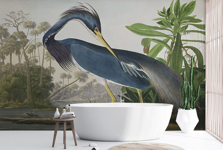 Blue Heron Wallpaper : Vintage Louisiana Bird Botanical Mural - View 2