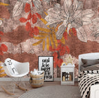 Rustic Leaf Wallpaper : Weathered Green Mauve Botanical Mural - View 4