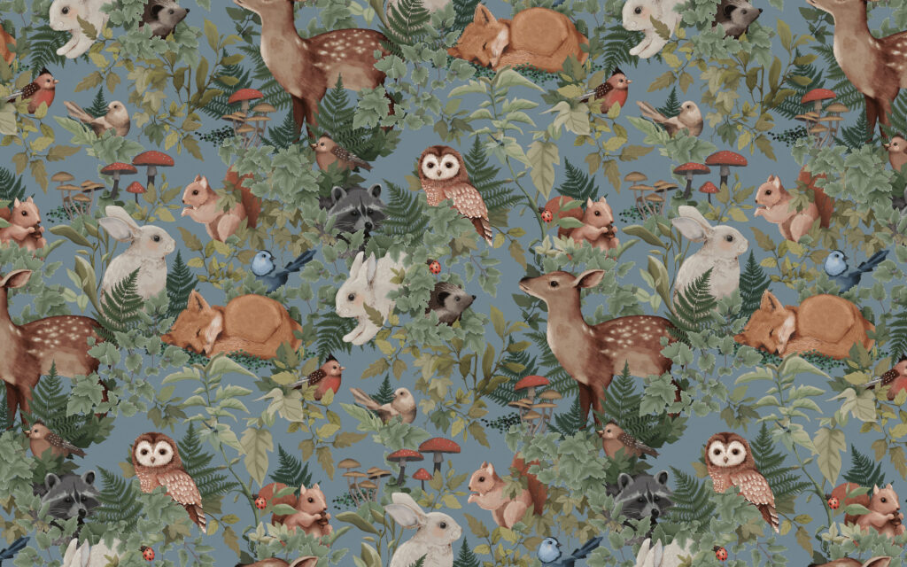 Woodland Animals Wallpaper : Fox Owl Bunny Forest Pattern - View 2