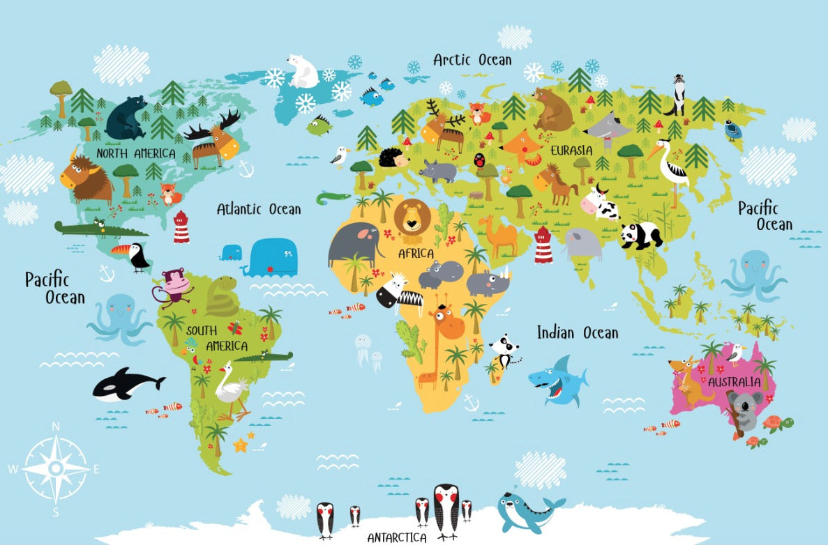Colorful Animal World Map Wallpaper : Kids Cartoon Continents Mural - View 2