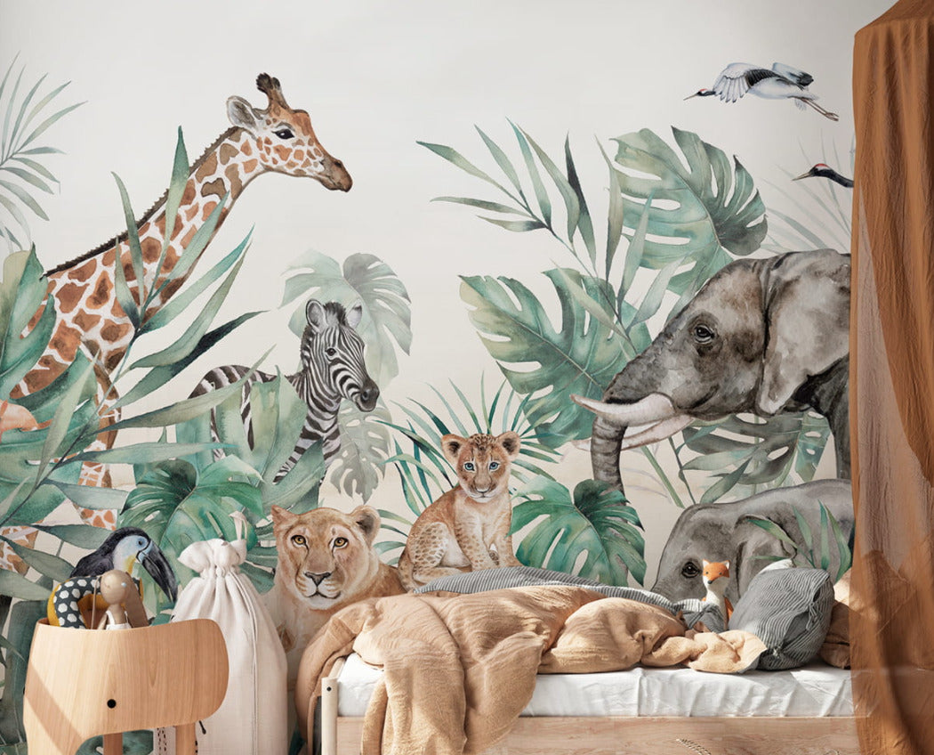 Watercolor Safari Wallpaper : Giraffe Elephant and Lion Cub Mural