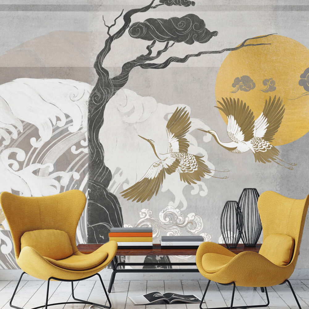 Grey Crane Wallpaper : Japanese Wave And Gold Sun Mural - View 3