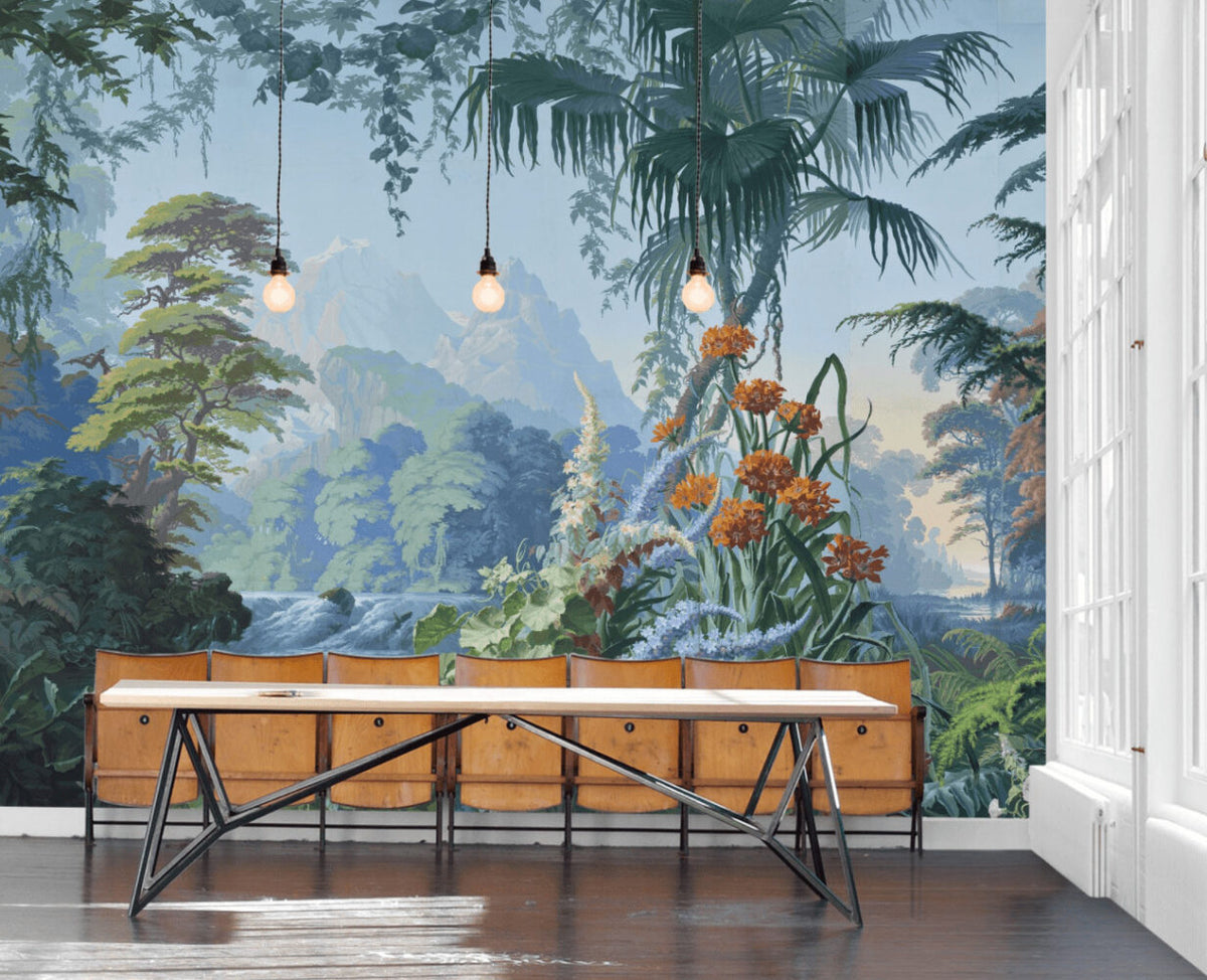 Blue Mountain Jungle Wallpaper : Vintage Tropical Landscape Mural - View 3
