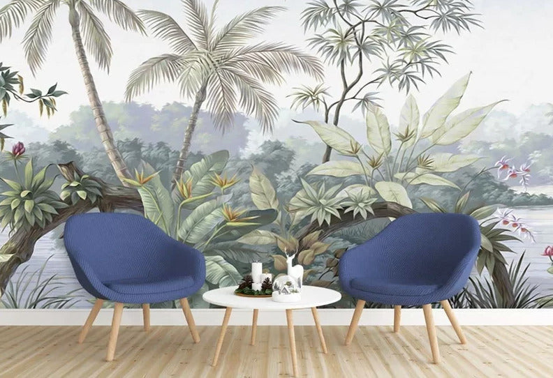 Misty Jungle Wallpaper : Tropical Forest Bird of Paradise Mural - View 3
