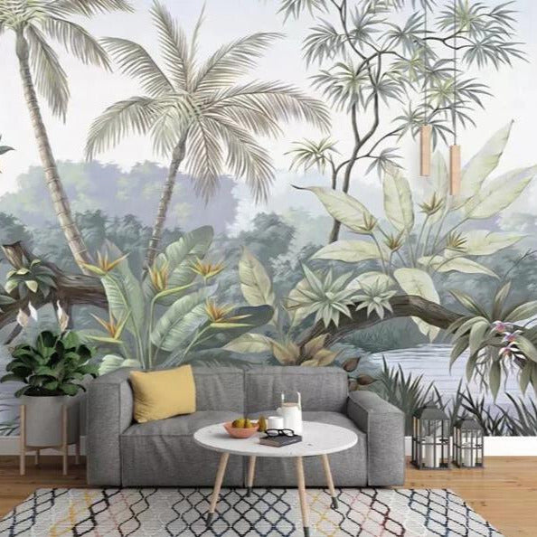 Misty Jungle Wallpaper : Tropical Forest Bird of Paradise Mural