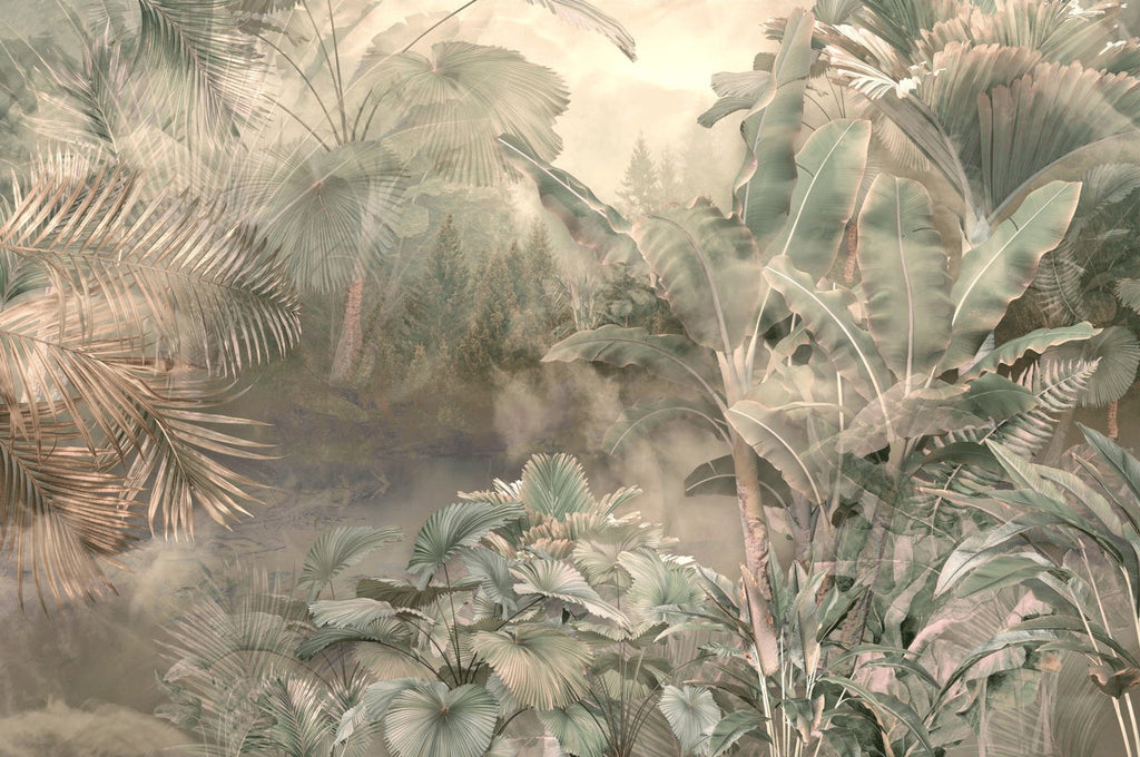 Misty Exotic Palm Wallpaper : Hazy Tropical Leaves Mural - View 2