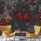 Dark Painted Poppy Wallpaper : Red Flowers On Black Textured Mural - View 2