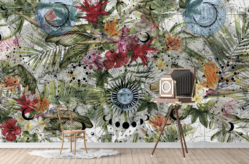 Retro Botanical Wallpaper : Geometric Flower Sunburst Mural - View 4