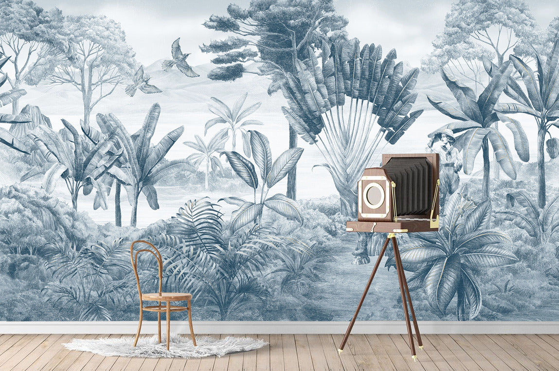 Blue Tropical Sketch Wallpaper : Soft Blue Jungle Leaf Mural