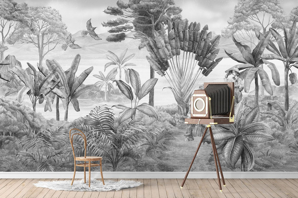 Grey Tropical Sketch Wallpaper : Black And White Jungle Mural