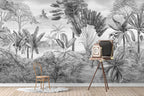 Grey Tropical Sketch Wallpaper : Black And White Jungle Mural