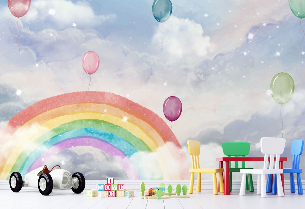 Rainbow Balloon Wallpaper : Watercolor Clouds Nursery Mural - View 3