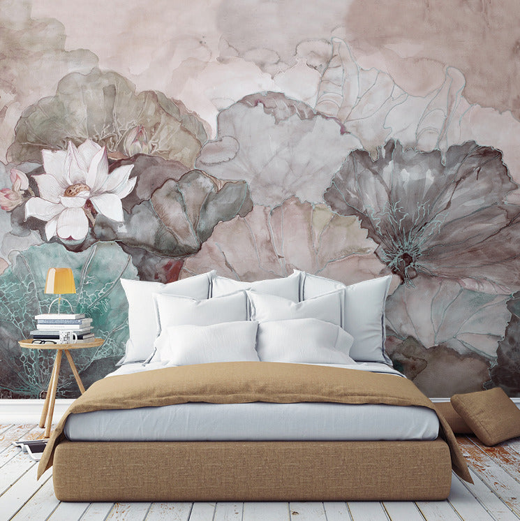 Turquoise Lotus Wallpaper : Soft Watercolor Lily Pad Mural - View 3