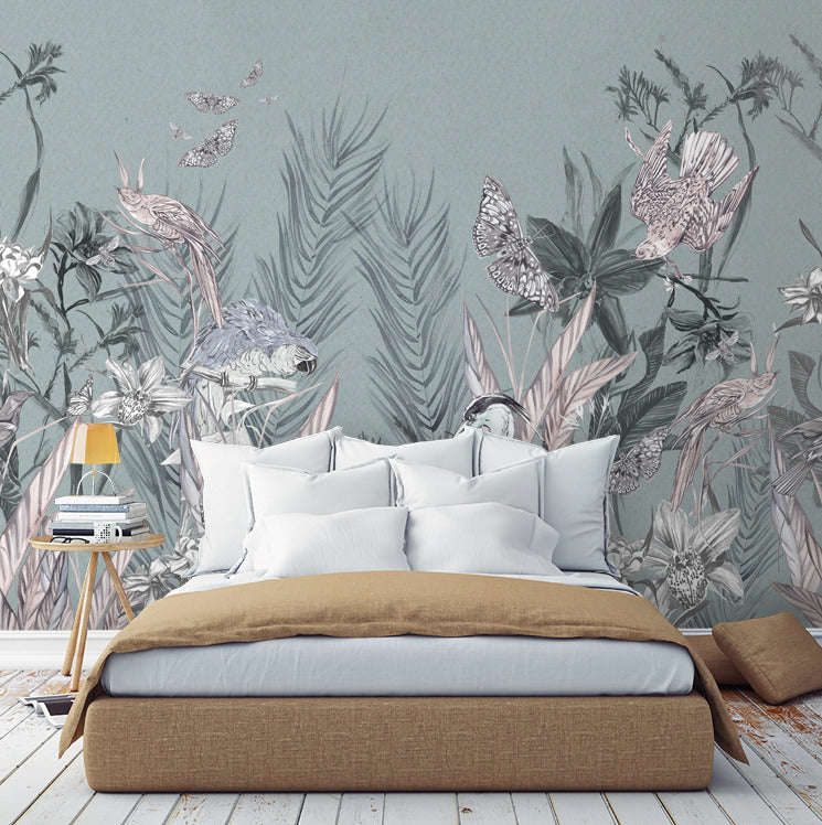 Sage Botanical Butterfly Wallpaper : Pastel Leaves Mural