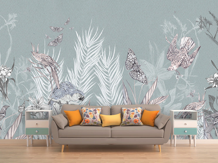 Sage Botanical Butterfly Wallpaper : Pastel Leaves Mural - View 4
