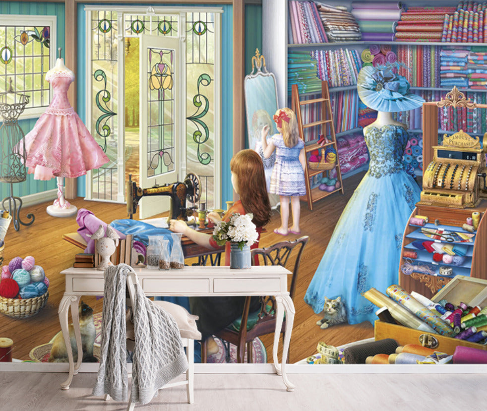 Vintage Dress Shop Wallpaper : Seamstress Atelier Illustration Mural