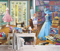 Vintage Dress Shop Wallpaper : Seamstress Atelier Illustration Mural