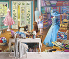 Vintage Dress Shop Wallpaper : Seamstress Atelier Illustration Mural