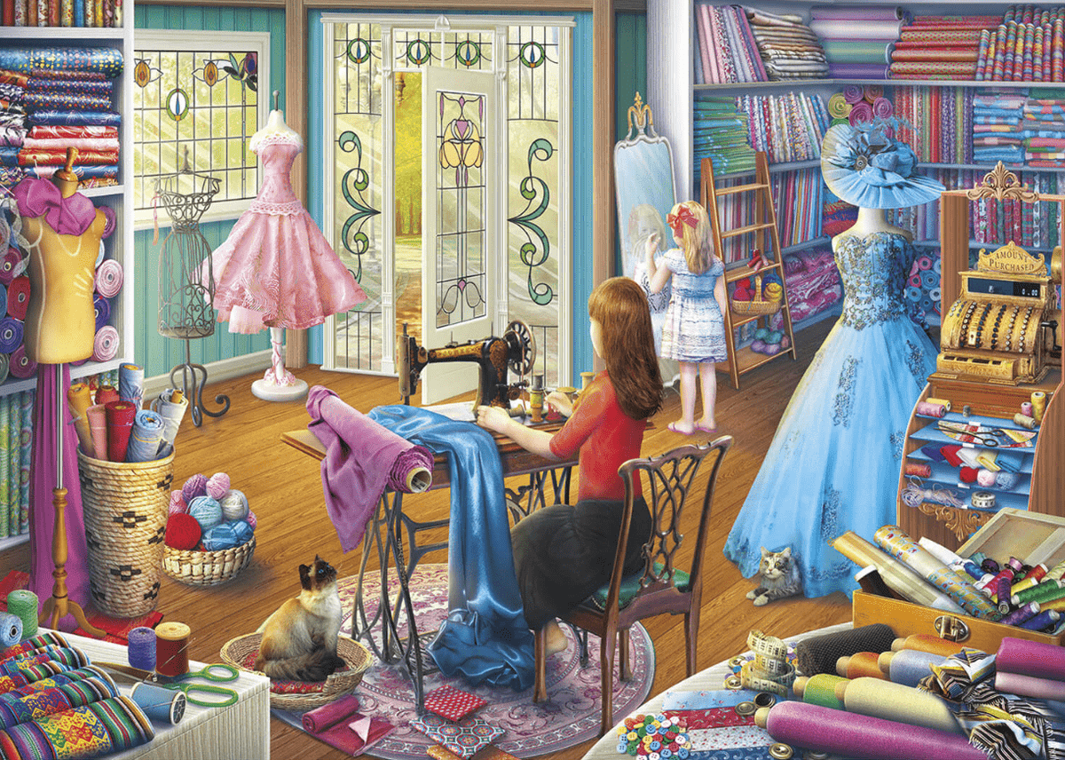 Vintage Dress Shop Wallpaper : Seamstress Atelier Illustration Mural - View 2