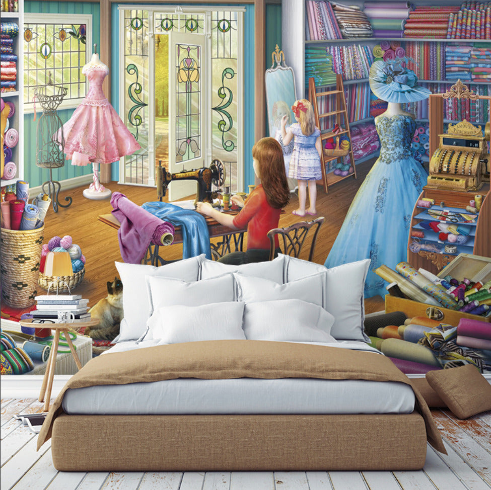 Vintage Dress Shop Wallpaper : Seamstress Atelier Illustration Mural - View 3