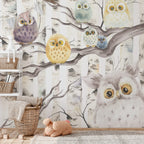Owl Family Kids Wallpaper : Birch Branch Owls Mural