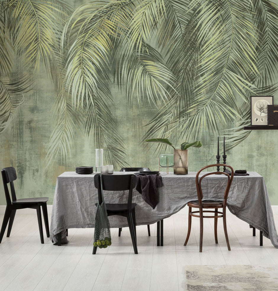 Hanging Palm Fronds Wallpaper : Sage Textured Tropical Mural