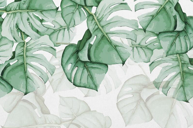 Monstera Wallpaper : Hanging Green Watercolor Leaves Mural - View 2
