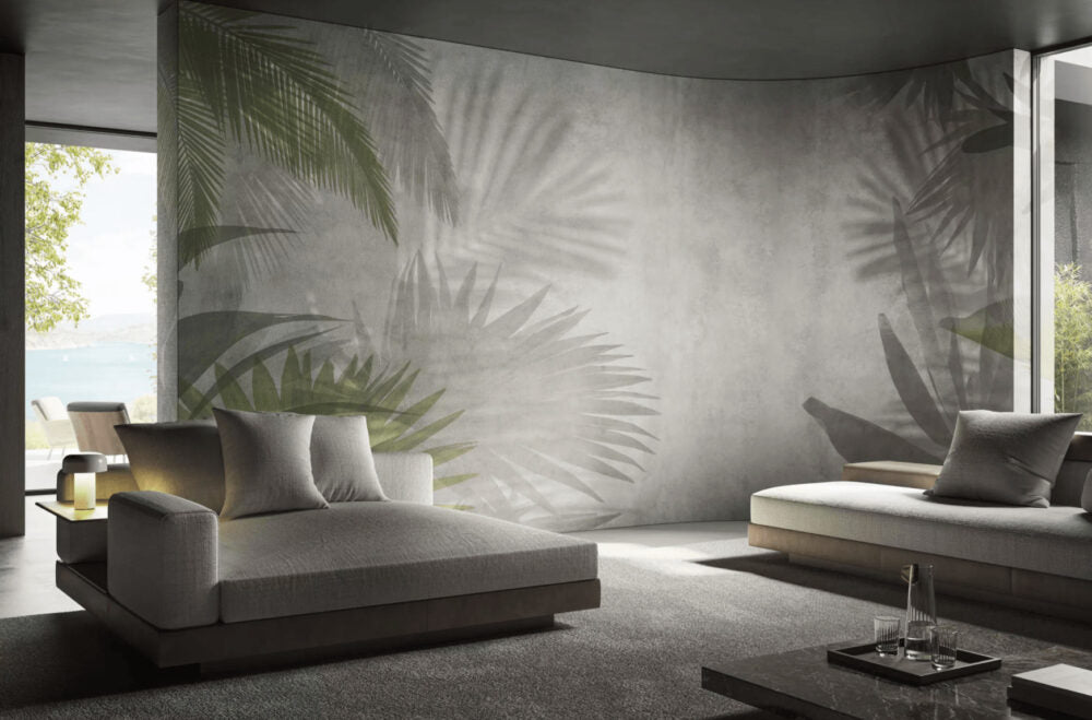 Palm Shadow Wallpaper : Faded Grey Leaf Mural