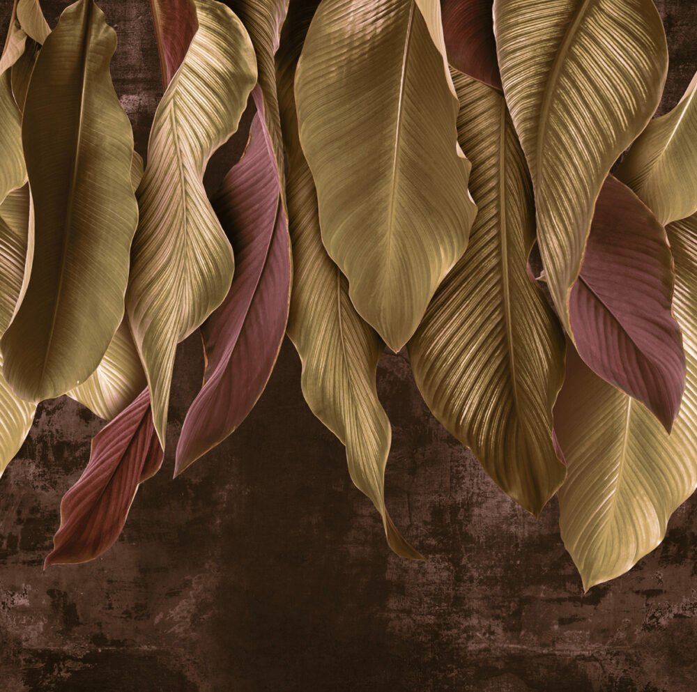 Golden Leaves Wallpaper : Mustard Burgundy Tropical Mural - View 2