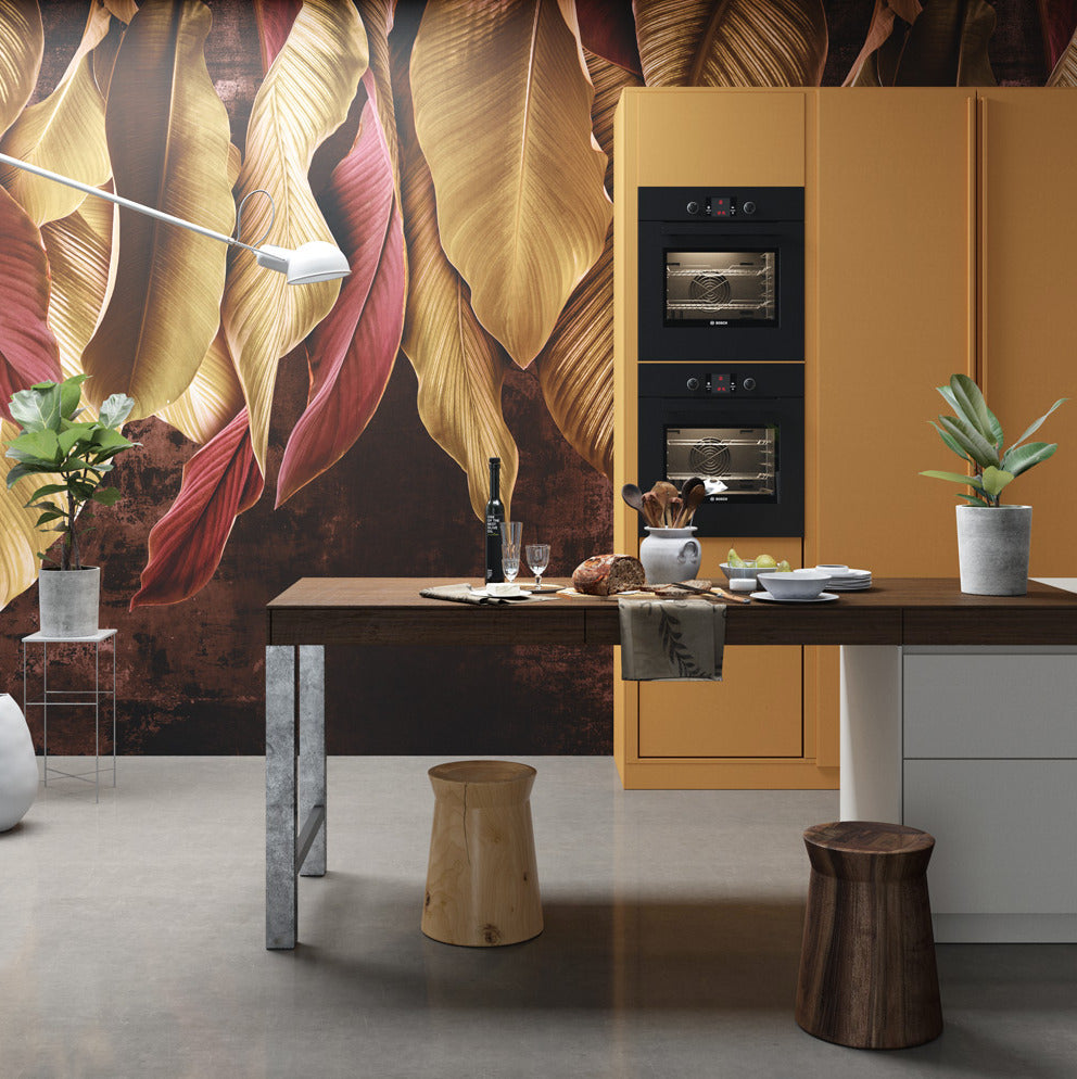Golden Leaves Wallpaper : Mustard Burgundy Tropical Mural