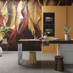 Golden Leaves Wallpaper : Mustard Burgundy Tropical Mural