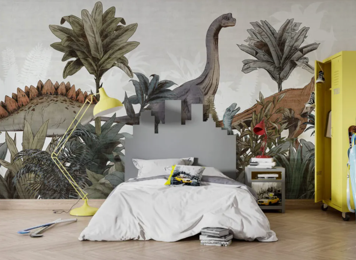 Dinosaur Jungle Wallpaper : Grey Fern and Palm Kids Wall Mural