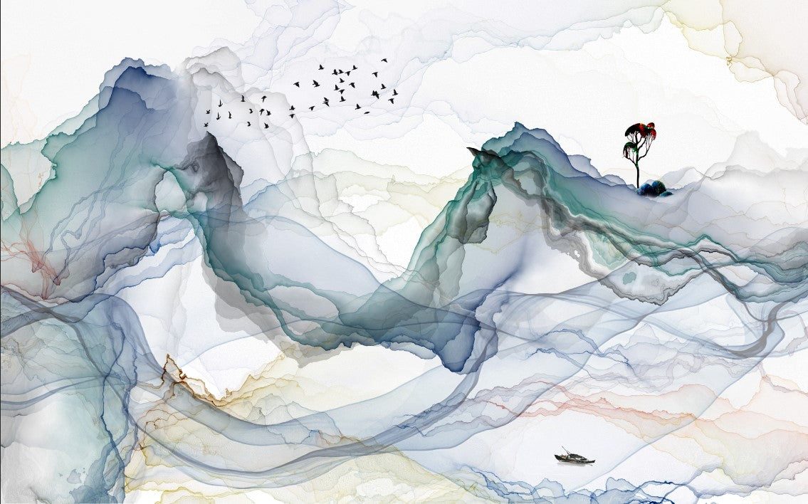 Teal Alcohol Ink Wallpaper : Layered Mountain Abstract Mural - View 2