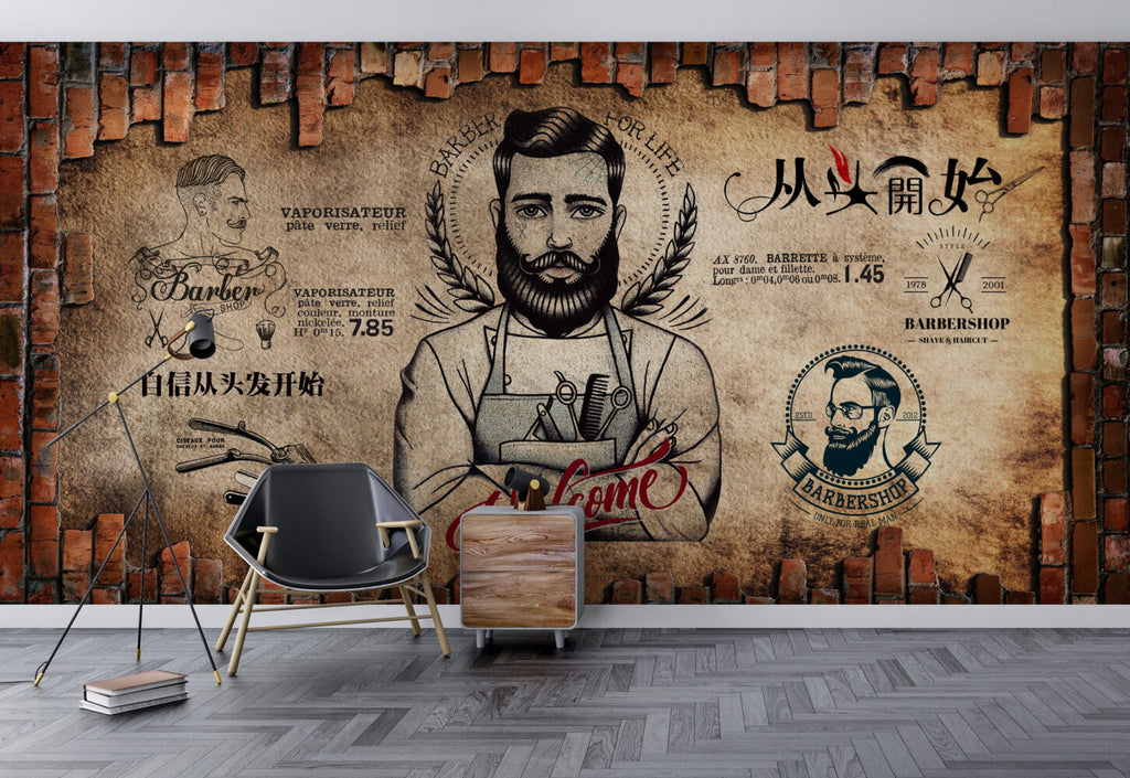 Vintage Barber Shop Wallpaper : Bearded Barber Sketch Mural