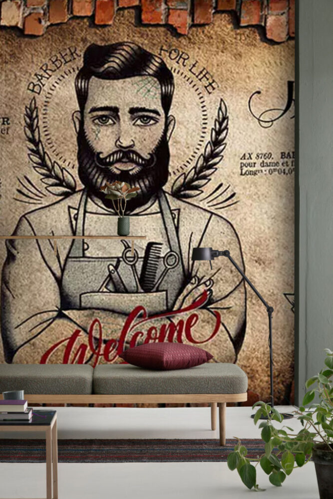 Vintage Barber Shop Wallpaper : Bearded Barber Sketch Mural - View 6